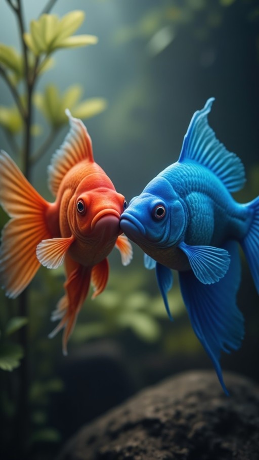 An orange goldfish and a blue goldfish facing each other with their noses touching in an underwater scene.