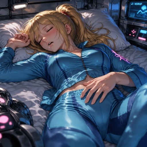 Samus Aran from the Metroid series sleeping on a bed in her blue Zero Suit with her helmet nearby.