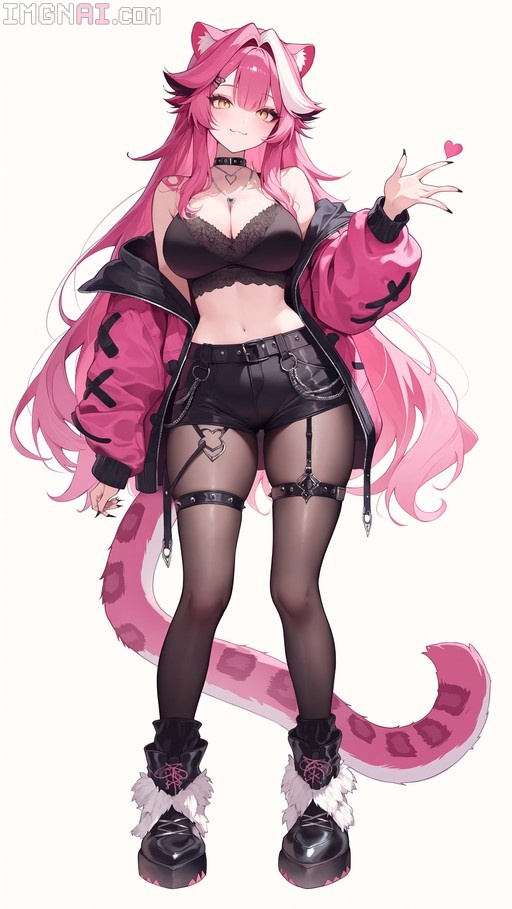 A full-body digital illustration of Raora Panthera, a pink-haired panther girl with white streaks in her hair and tail spots, wearing an open pink jacket, black lace bralette, black shorts, pantyhose with garters, and furry boots, holding up one hand.