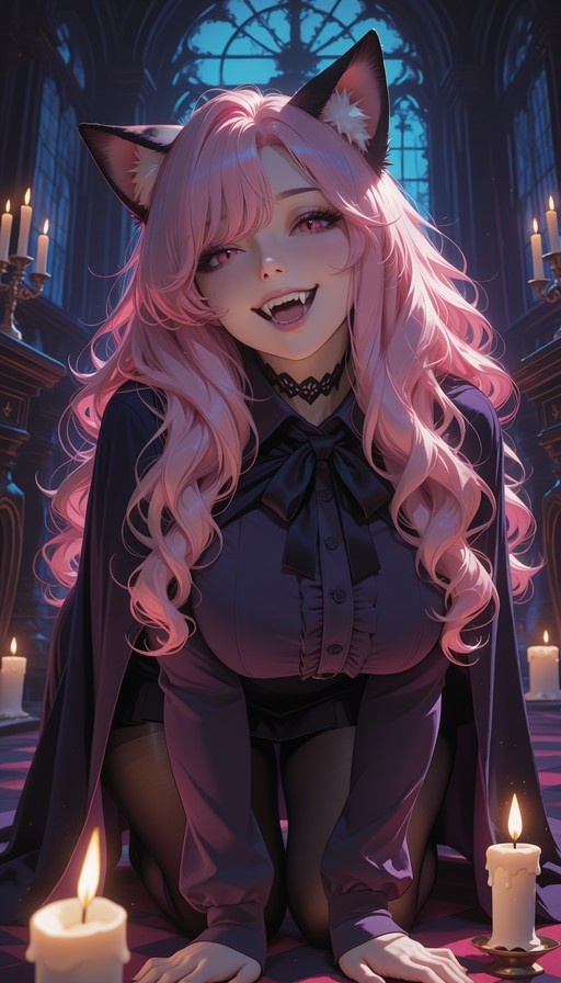 A pink-haired anime-style woman with cat ears and vampire fangs kneels on a checkered floor in a dark room lit by candles.