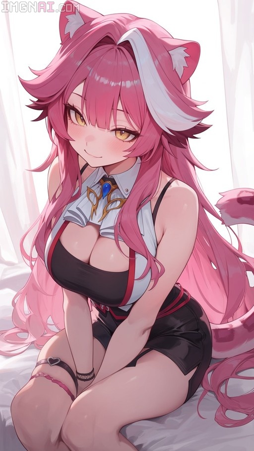 Raora Panthera sitting and smiling with long pink hair, cat ears, yellow eyes, wearing a white shirt and black shorts.