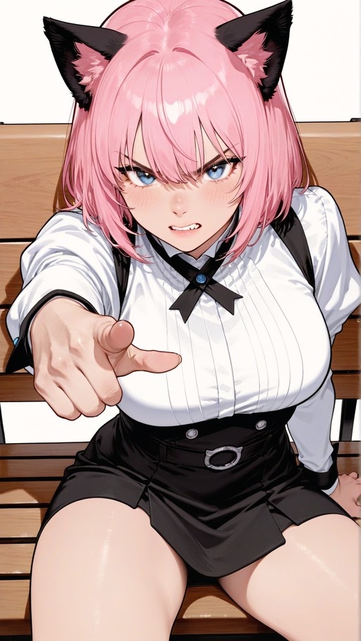 An anime-style illustration of a pink-haired girl with black cat ears sitting on a bench and pointing angrily at the viewer.