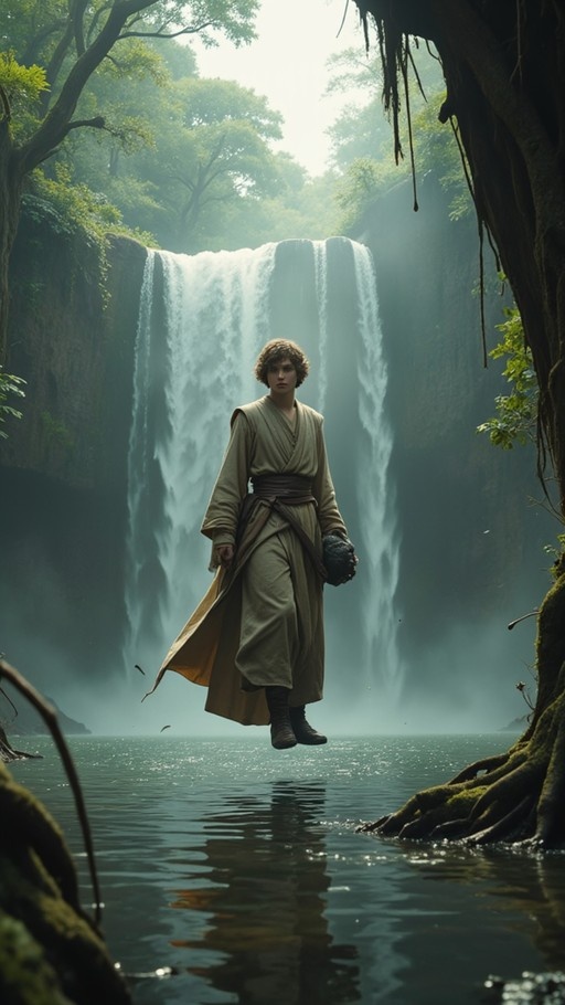 A young man in a beige robe floats above a lake with a large waterfall in the background.