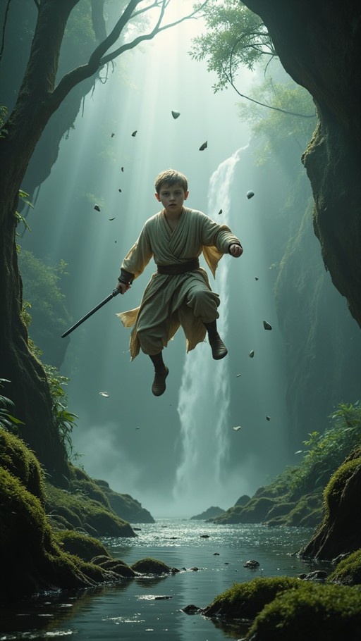 Young boy floating in air holding a stick near a waterfall in a green forest