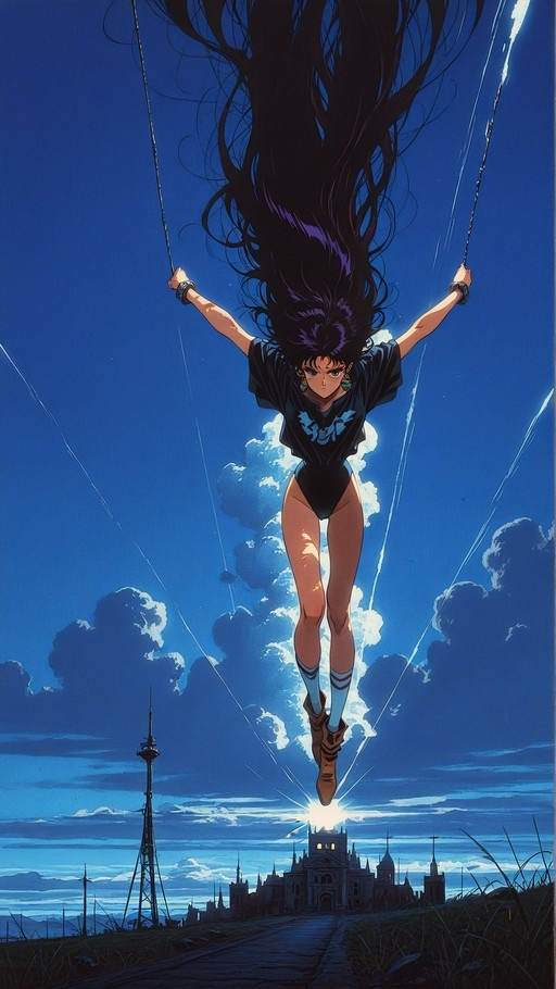 A full-body digital illustration of a long-haired anime girl in a black t-shirt and leotard suspended by ropes against a bright blue sky, overlooking a castle and tower below.