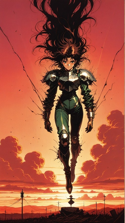 A female anime character in green armor and boots floats towards the viewer against a red and orange sunset sky, with a tiny silhouette of another person standing on rocks below.
