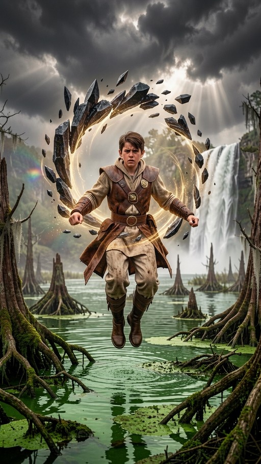 A young boy in a brown tunic and leather armor floats in mid-air above a green swamp, surrounded by a ring of levitating dark rocks with golden light, while a waterfall falls in the background under a cloudy sky.