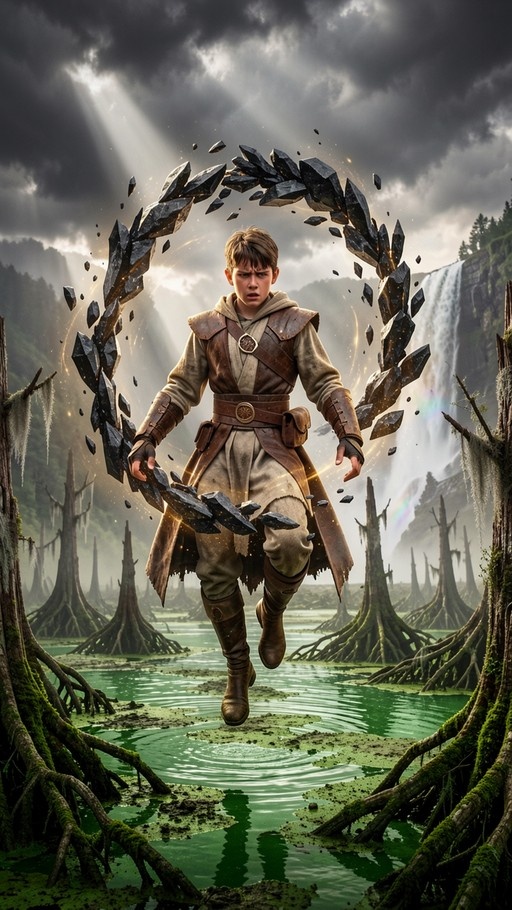 A young boy in fantasy attire levitating above green swamp water surrounded by floating dark rocks with a waterfall in the background.