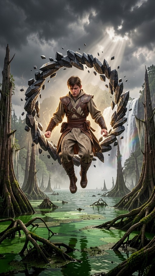 A young man in a beige tunic floats in mid-air surrounded by a ring of dark stones over a green swamp with a waterfall in the background.