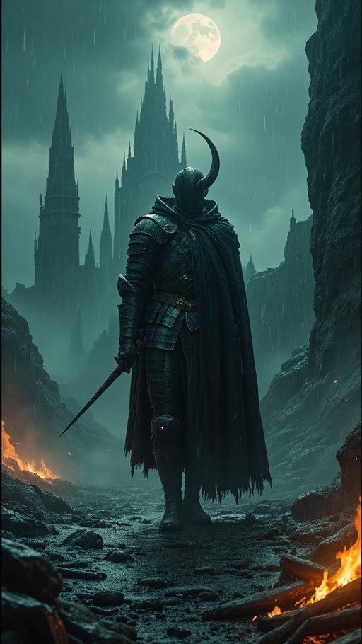 A lone armored knight with a horned helmet and tattered cape stands in the rain holding a sword, facing a large gothic castle under a full moon with campfires burning nearby.