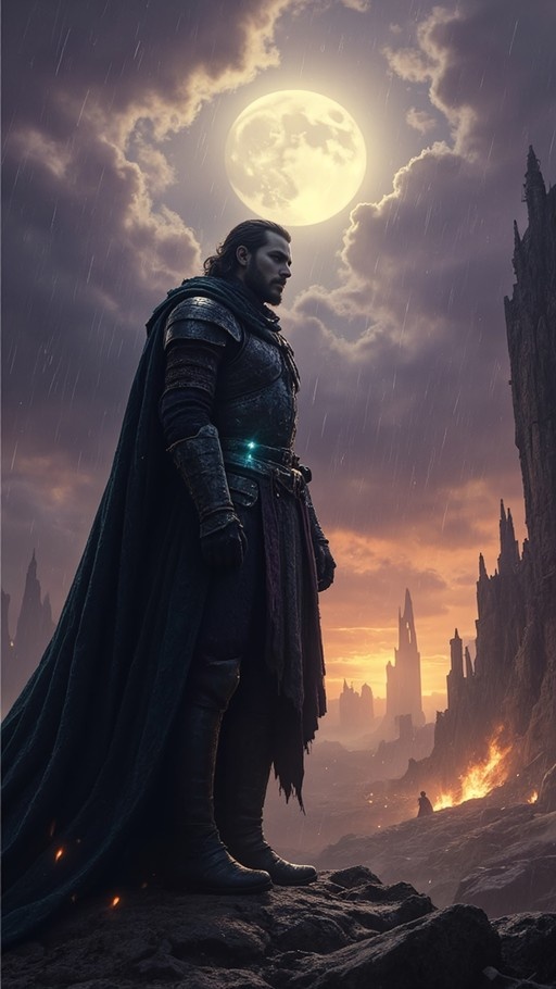 A man in dark armor and a long cape stands on a rocky ledge looking right, with a large full moon and burning ruins in the background under a rainy sky.