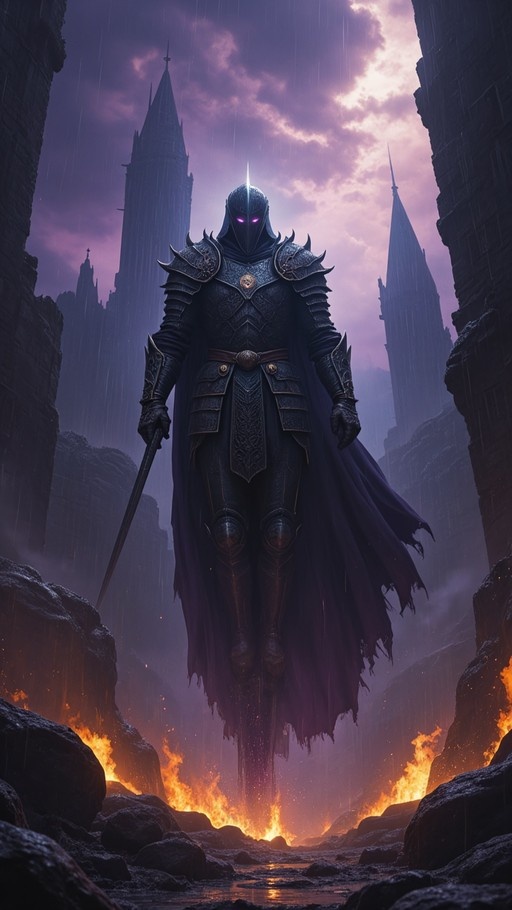 A tall armored figure with glowing purple eyes floats in the air holding a sword, surrounded by rain and fire with gothic towers in the background.