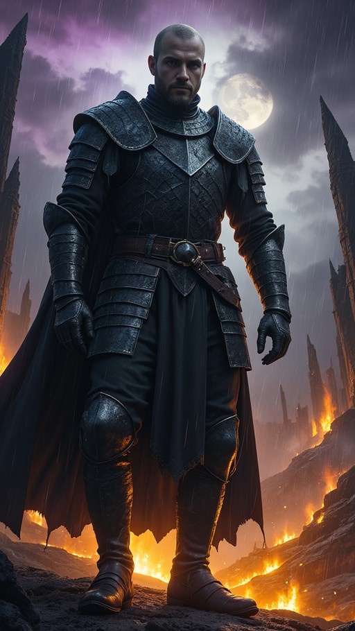 Bald armored man standing in rain with fire and moon background