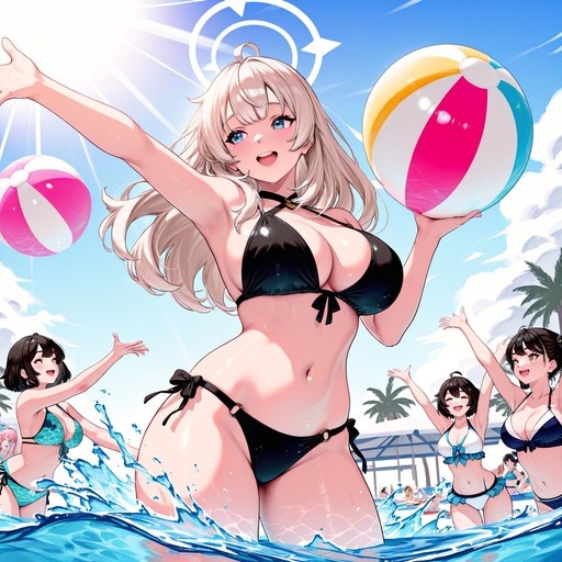 Hoshino from Blue Archive holding a large beach ball in the water while wearing a black bikini.