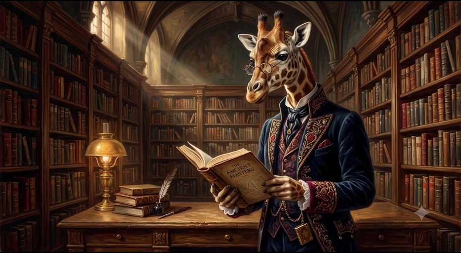 An anthropomorphic giraffe librarian wearing glasses and a formal blue suit stands in a library holding an open book titled The Ancient Masters.