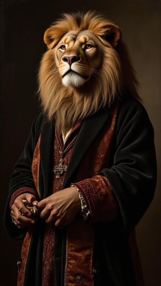A realistic digital painting of a male lion-headed humanoid wearing a black robe and holding rings.