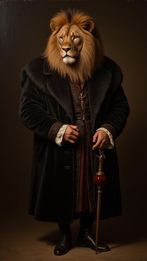 Full body portrait of an anthropomorphic lion wearing a long black fur-trimmed coat and holding a cane with a red orb.
