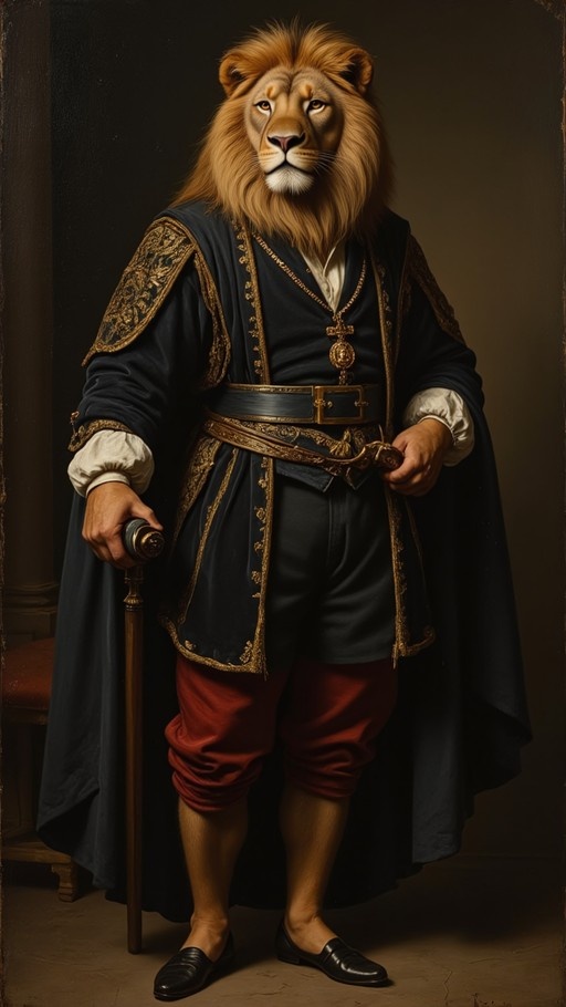 A full-body digital illustration of an anthropomorphic lion man with a golden mane, wearing a dark blue velvet coat with gold embroidery and holding a wooden cane.