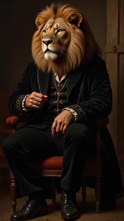 A full-body portrait of a male lion furry character with a large mane sitting on a wooden chair. He wears a black velvet suit with gold trim and multiple gold necklaces and rings.