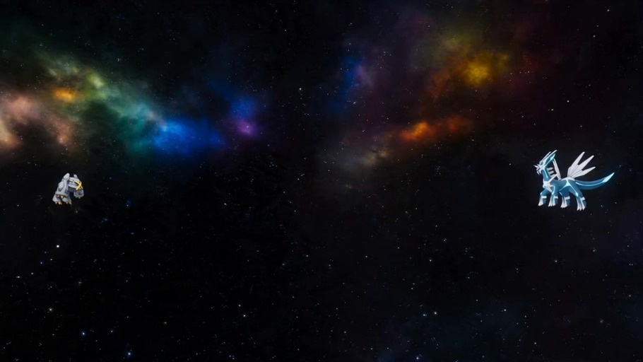 A red-eyed Pokémon wearing an astronaut helmet floats alone in a starry galaxy with glowing stars and nebula clouds.