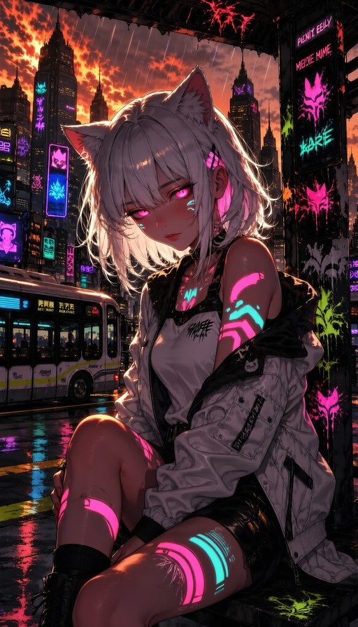 A white-haired anime girl with cat ears and glowing pink eyes sits on a bench in the rain, wearing a jacket and shorts, with neon lights reflecting on the wet city street behind her.