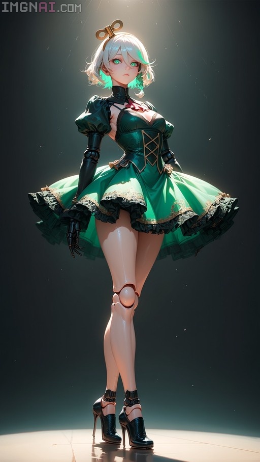 Cecilia Immergreen stands in a spotlight wearing a green frilled dress, revealing mechanical ball joints on her limbs and a winding key on her head.
