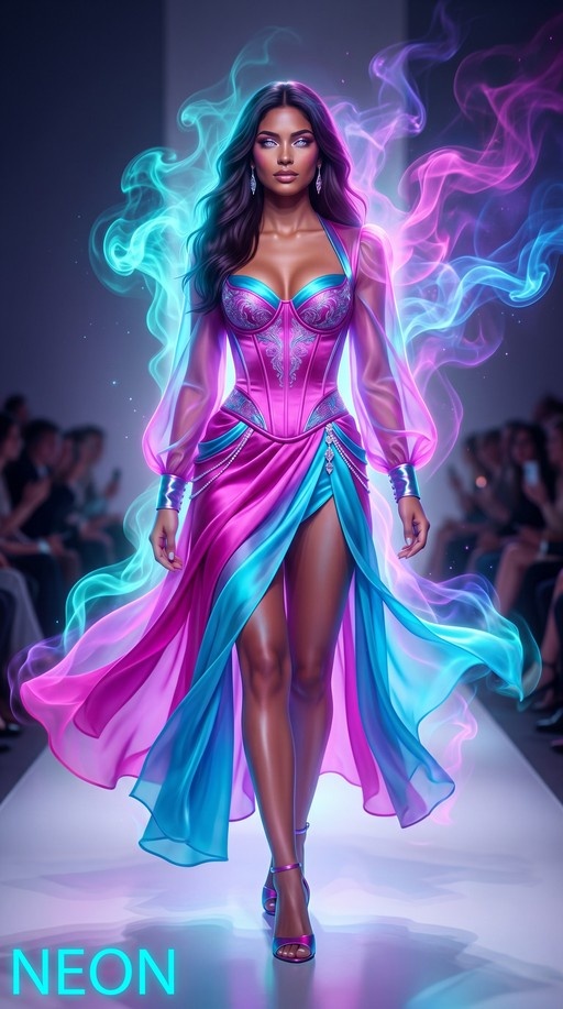 A full-body shot of a dark-skinned female model walking down a white runway wearing a magenta and cyan corset dress with sheer sleeves and high heels, surrounded by swirling neon smoke effects.