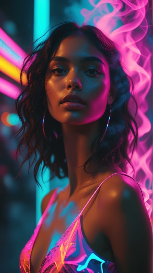 A realistic portrait of a dark-skinned woman with long wavy hair and large hoop earrings, illuminated by vibrant pink and cyan neon lights with swirling smoke in the background.