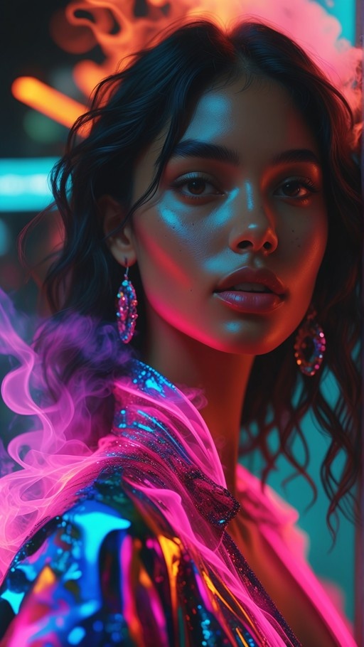 A close-up digital portrait of a young woman with long black hair and freckles, illuminated by vibrant pink and blue neon lights while wearing large dangling earrings and shimmering attire with swirling smoke nearby.