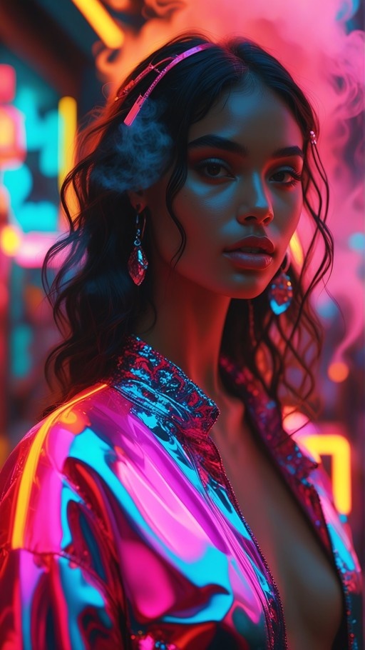 A close-up portrait of a young woman with dark wavy hair wearing an open shiny metallic jacket and large dangling earrings against a blurred background of pink and blue neon lights.