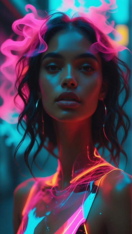 Close-up of a dark-skinned woman with black hair and hoop earrings under neon pink and blue lights with smoke.