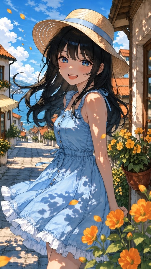 Anime-style illustration of a smiling girl with long black hair and blue eyes, wearing a light blue frilled sundress and a straw hat, standing on a sunny cobblestone street with potted yellow flowers.