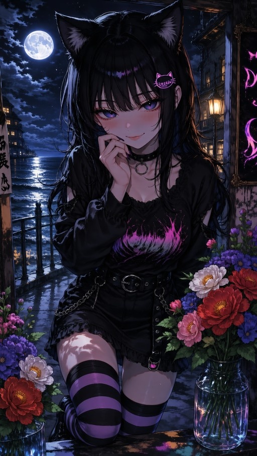 Anime cat-girl with black hair and purple eyes kneeling by a window with flowers under a full moon.