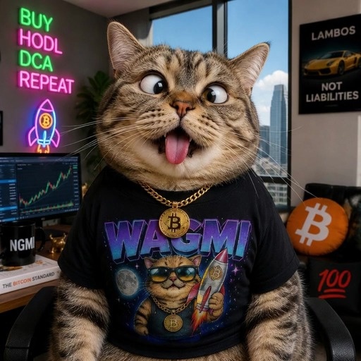 A fluffy tabby cat wearing a black WAGMI t-shirt and gold Bitcoin chain sits in an office with crypto-themed decor including a neon sign and trading charts.