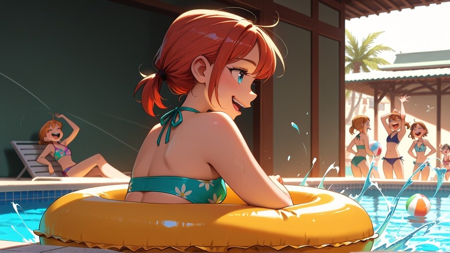 An anime-style illustration of a girl with orange hair in a ponytail wearing a green floral bikini, sitting on a large yellow inflatable pool float and looking back over her shoulder.