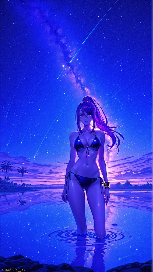 An anime-style girl with long purple hair in a ponytail stands waist-deep in calm water under a vibrant blue and purple starry sky with shooting stars.