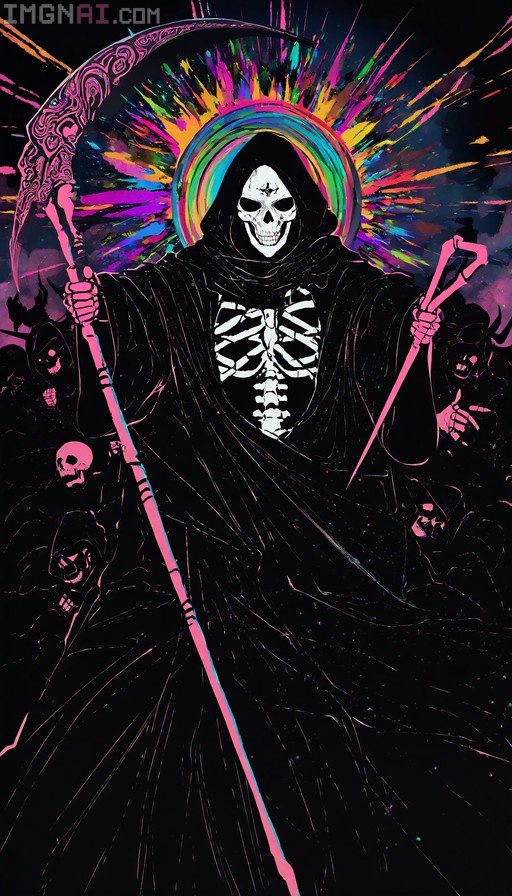 A skeletal grim reaper in a black hooded robe holds a large scythe while standing before a burst of vibrant rainbow light rays against a dark background.