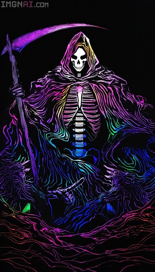 A skeletal Grim Reaper in a hooded cloak holds a scythe and points at the viewer, illustrated with vibrant rainbow colors against a black background.