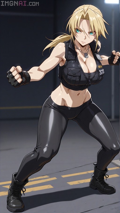 A blonde woman in a black tactical crop top and leggings stands in a fighting pose with fists raised.