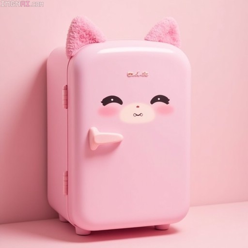 A pink mini-fridge with fluffy cat ears on top and a cute blushing face on the front door, set against a solid pink background.
