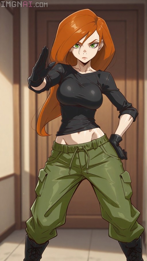 Kim Possible with long orange hair and green eyes wearing a black crop top and green cargo pants in a fighting stance.