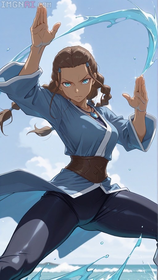 Katara from Avatar: The Last Airbender performs waterbending in a dynamic pose near the ocean.