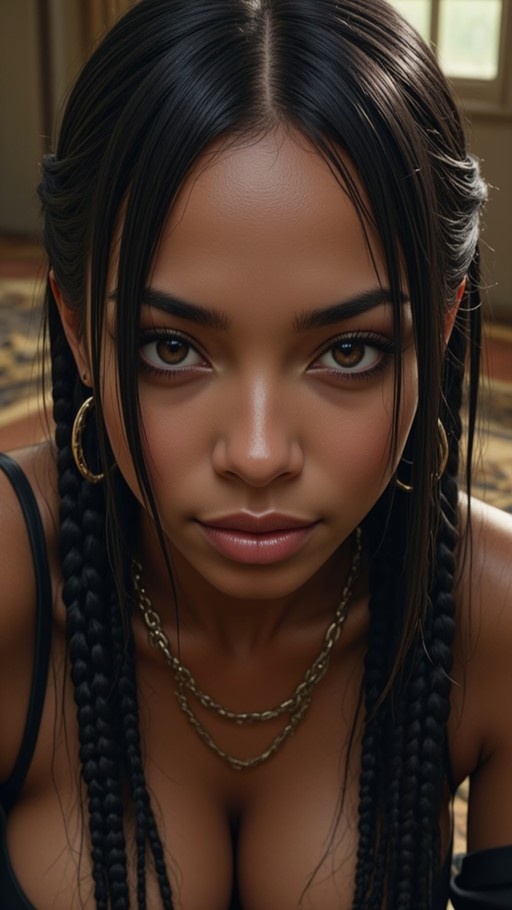 Close-up portrait of a dark-skinned woman with long black braids wearing gold hoop earrings and layered necklaces