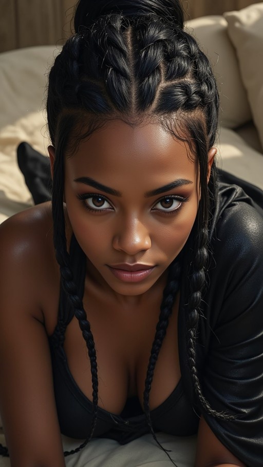 A close-up of a dark-skinned woman with long black braids and brown eyes looking directly at the camera while lying on her stomach in a black top.