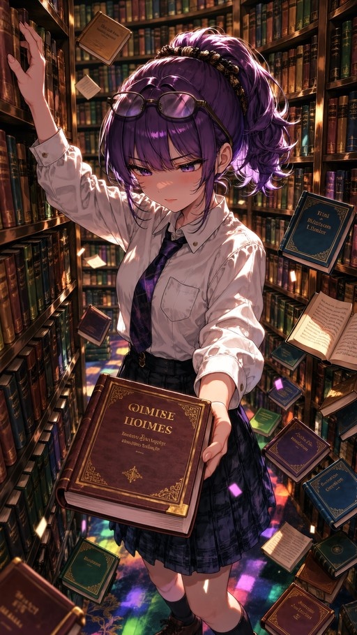 Tanaka Mamimi in a white shirt and plaid skirt stands in a library holding a large book while reaching for another on the shelf surrounded by floating volumes.