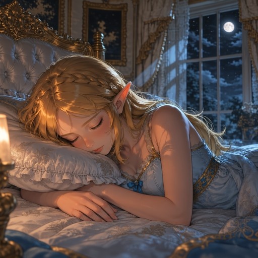 Princess Zelda sleeping on a bed with moonlight coming through the window.