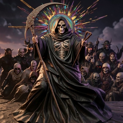 Skeletal figure in hooded robe holding scythe and staff with colorful halo behind it surrounded by undead army.