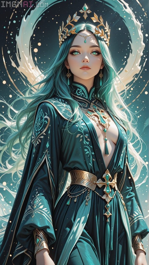 A digital illustration of a fantasy queen with long teal hair and green eyes, wearing an elaborate layered teal robe with gold leaf armor and a golden circlet.