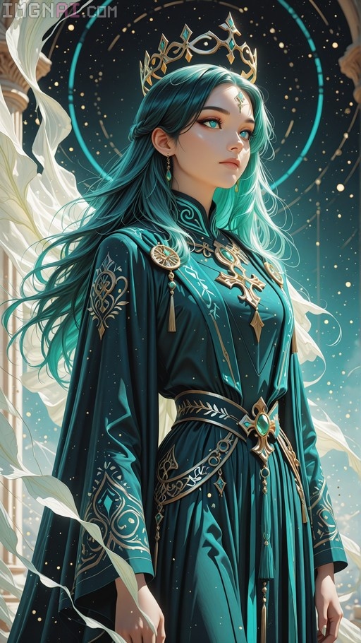 A young woman with long teal hair and a golden crown wears an ornate green gown with gold details against a starry night sky.