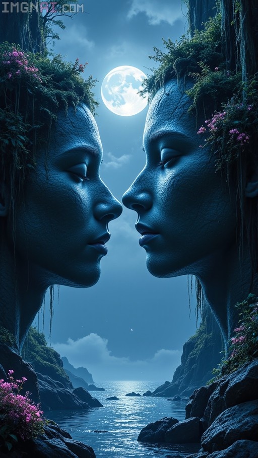 Two colossal stone faces emerging from cliffs facing each other under a full moon over an ocean at night with vegetation on their heads